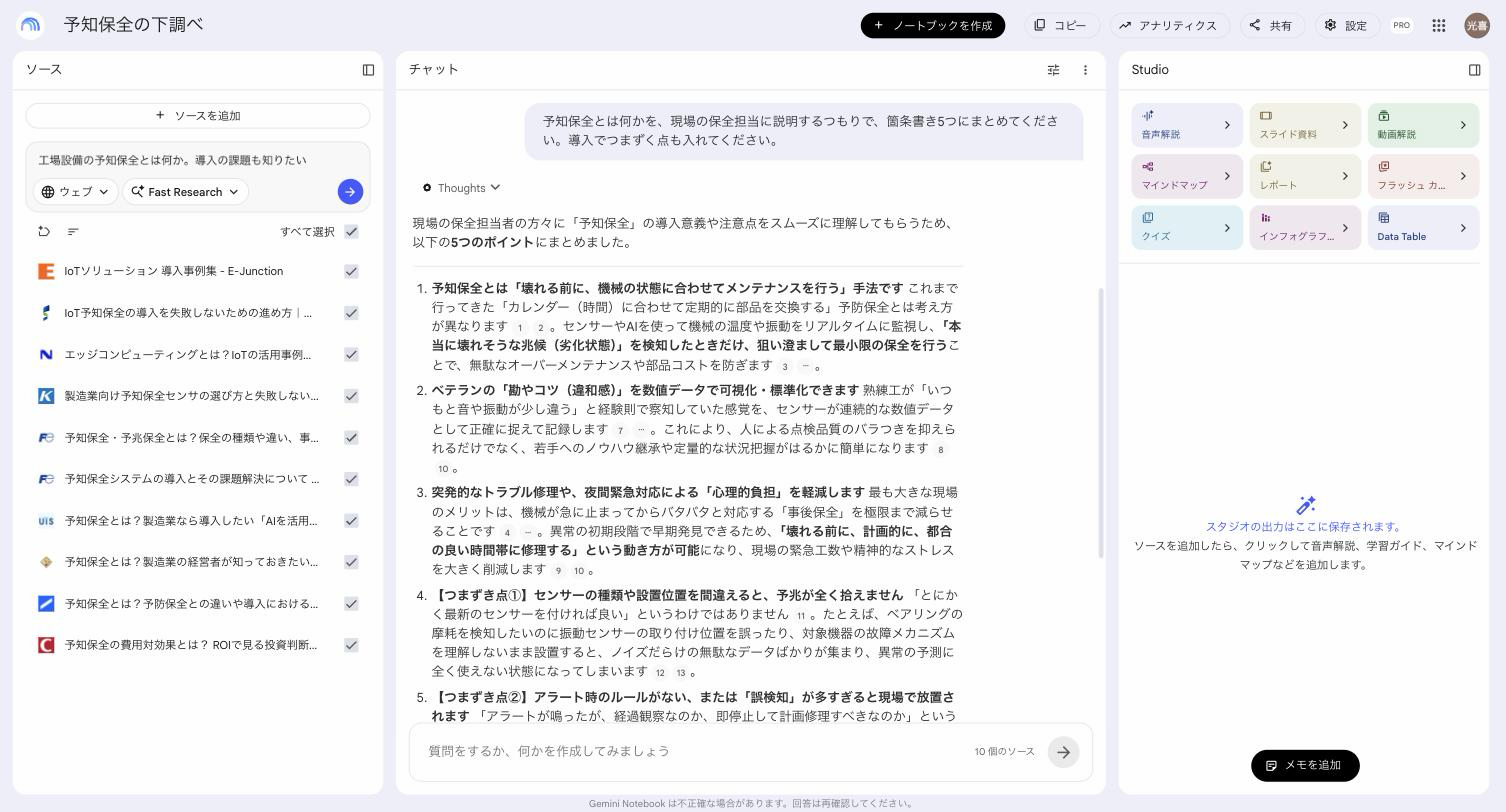 集めた資料をもとに予知保全を5つの箇条書きにまとめた回答。各文に出典の番号が付いている